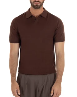 Polo uomo filo maglia basic colletto aperto sottogiacca marrone GIOSAL-TS3288A