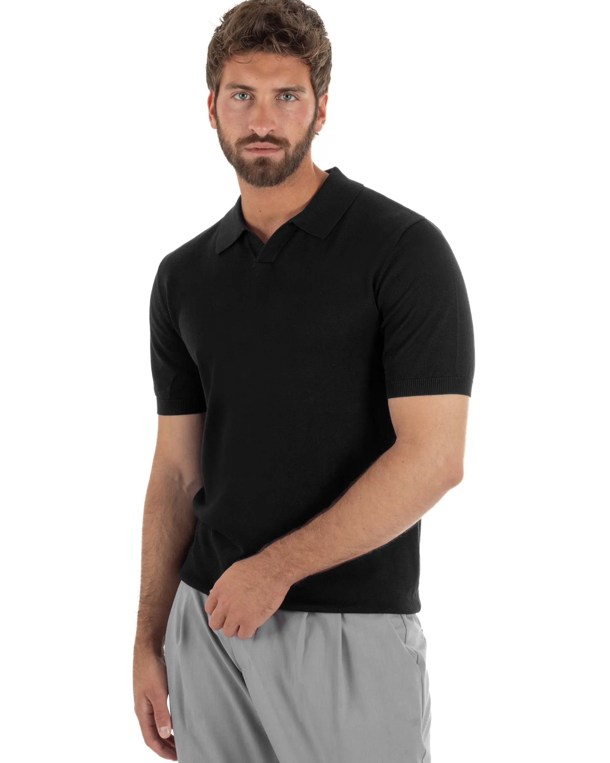 Polo uomo filo maglia basic colletto aperto sottogiacca nero GIOSAL-TS3286A