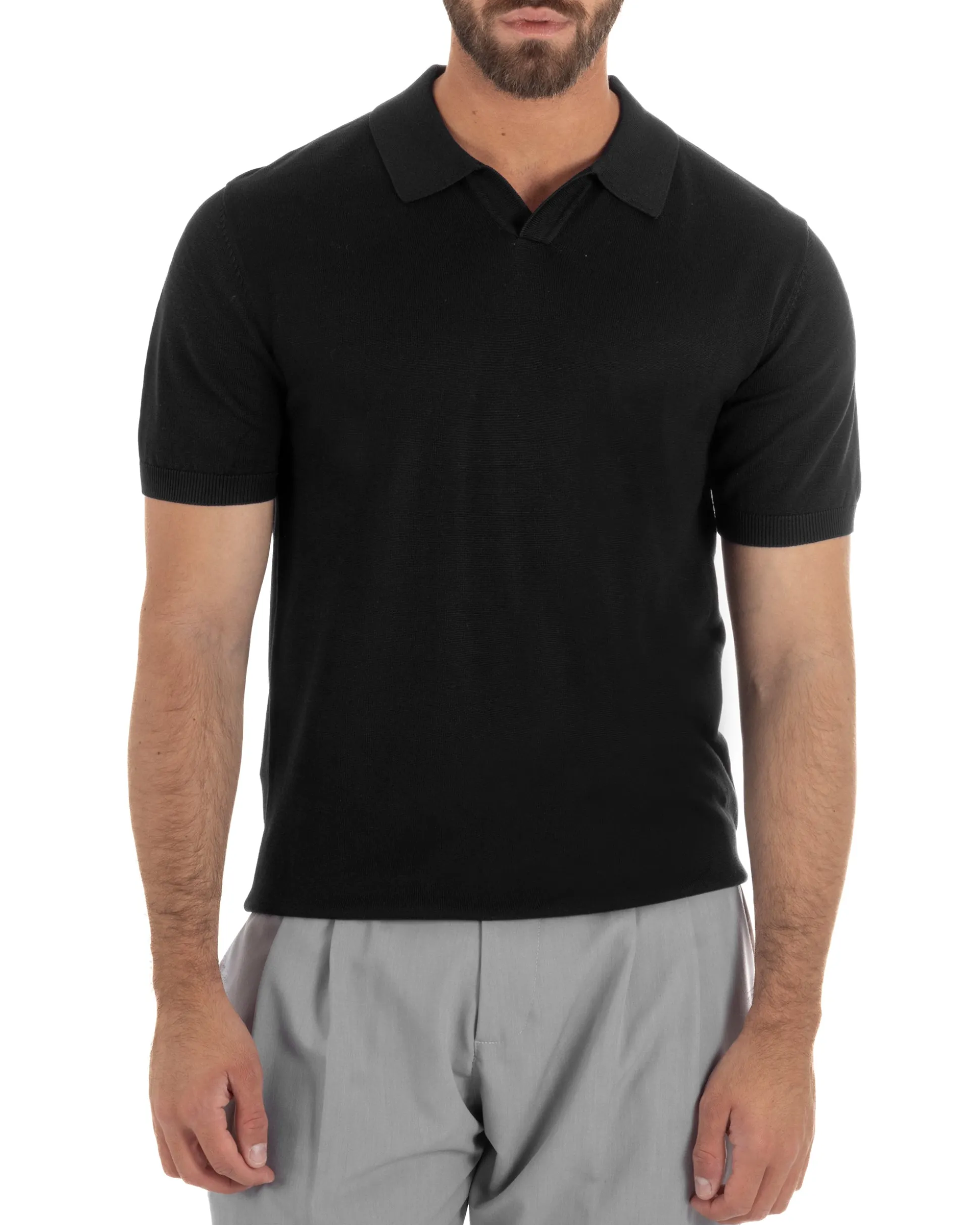 Polo uomo filo maglia basic colletto aperto sottogiacca nero GIOSAL-TS3286A