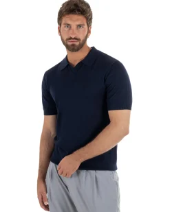 Polo uomo filo maglia basic colletto aperto sottogiacca blu GIOSAL-TS3285A