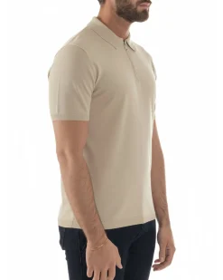 Polo uomo filo maglia colletto con zip t-shirt sottogiacca leggera beige GIOSAL-TS3208A