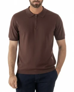 Polo uomo filo maglia colletto con zip t-shirt sottogiacca leggera marrone GIOSAL-TS3209A