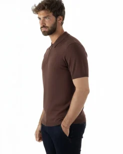 Polo uomo filo maglia colletto con zip t-shirt sottogiacca leggera marrone GIOSAL-TS3209A
