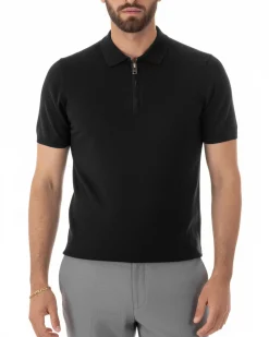 Polo uomo filo maglia colletto con zip t-shirt sottogiacca leggera nero GIOSAL-TS3211A