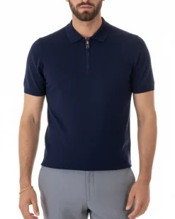 Polo uomo filo maglia colletto con zip t-shirt sottogiacca leggera blu GIOSAL-TS3210A