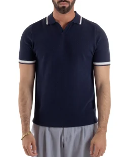 Polo uomo filo maglia colletto aperto sottogiacca scollo v blu GIOSAL-TS3274A