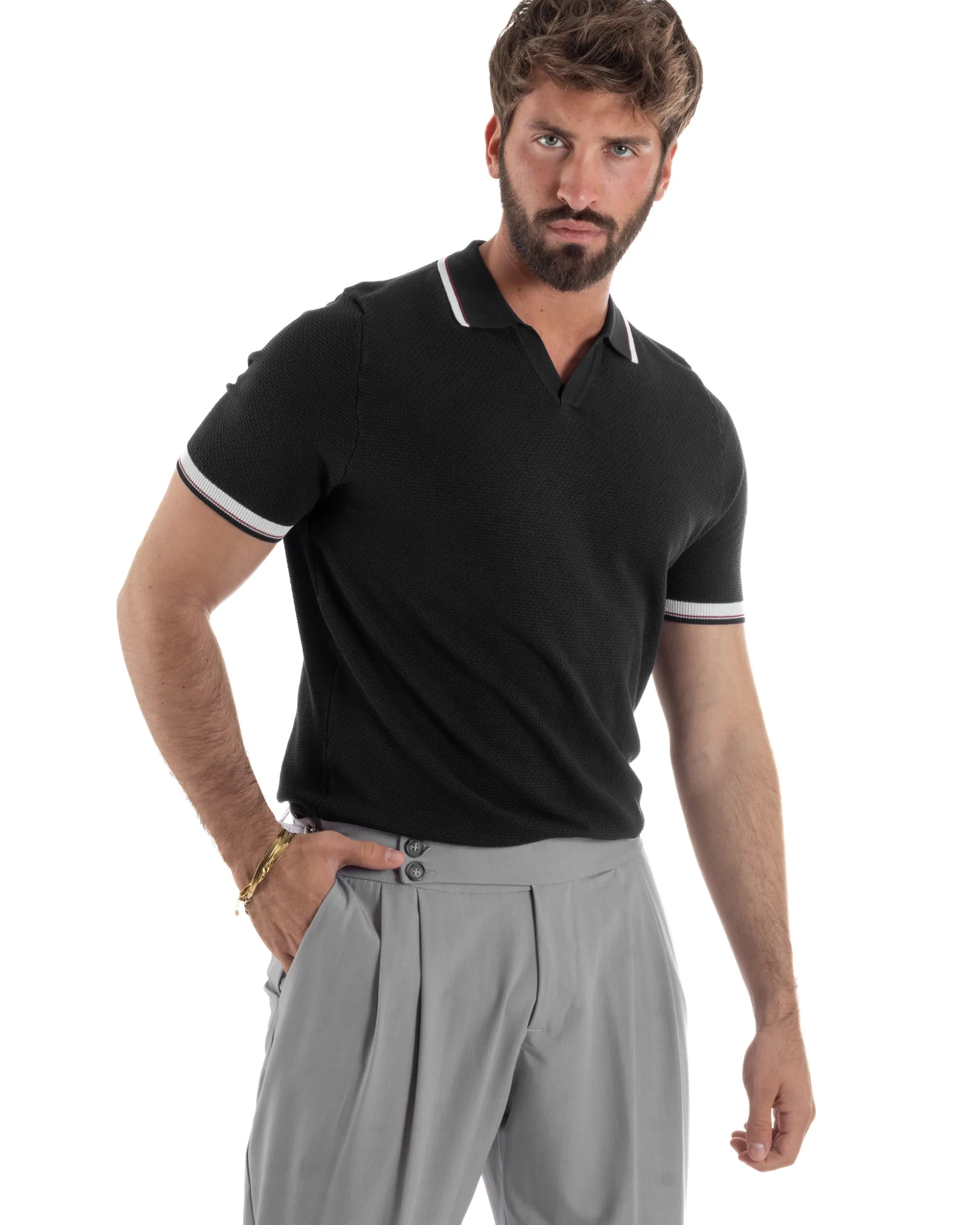 Polo uomo filo maglia colletto aperto sottogiacca scollo v nero GIOSAL-TS3275A