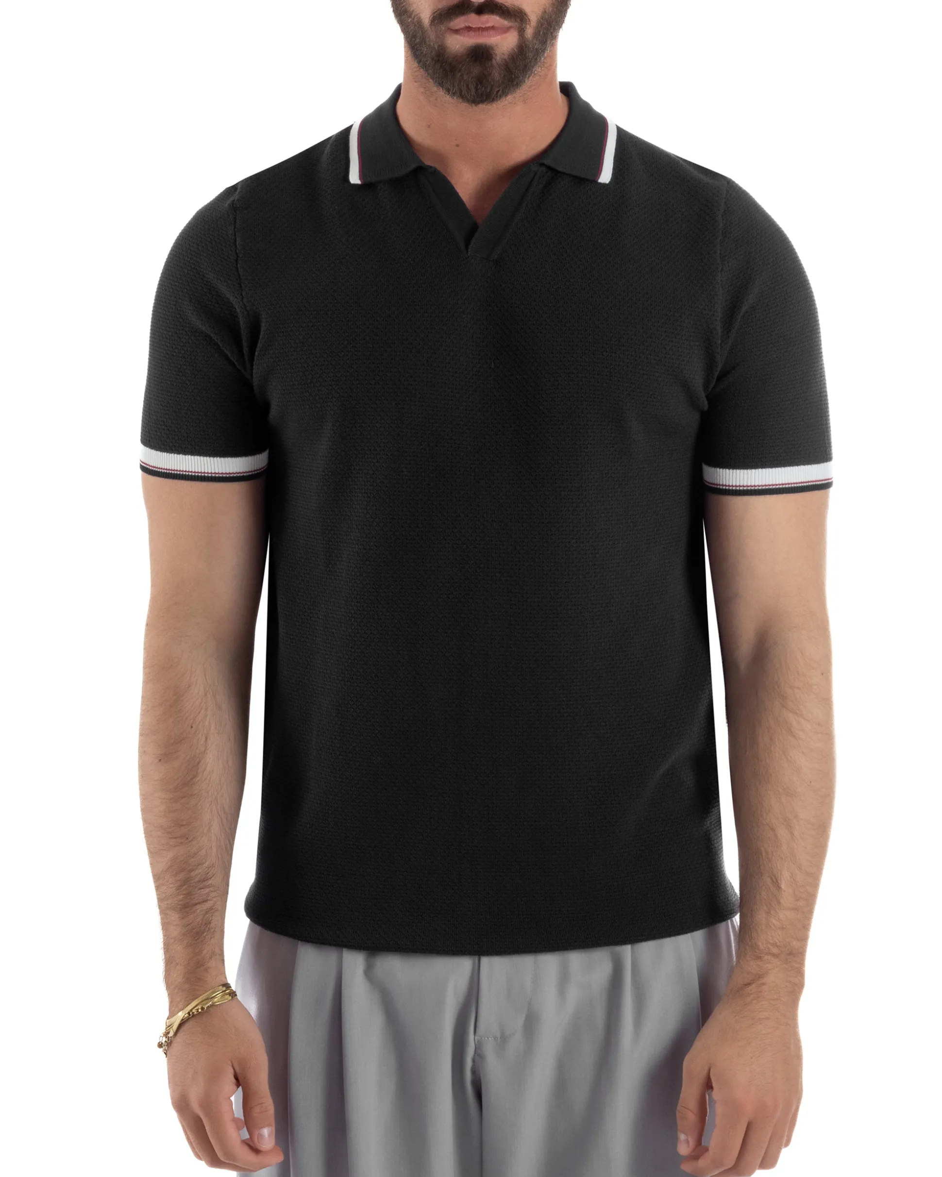 Polo uomo filo maglia colletto aperto sottogiacca scollo v nero GIOSAL-TS3275A