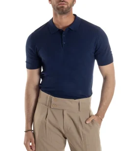 Polo Uomo Filo Maglia Con Colletto T-Shirt Sottogiacca Leggera Blu TS3131A