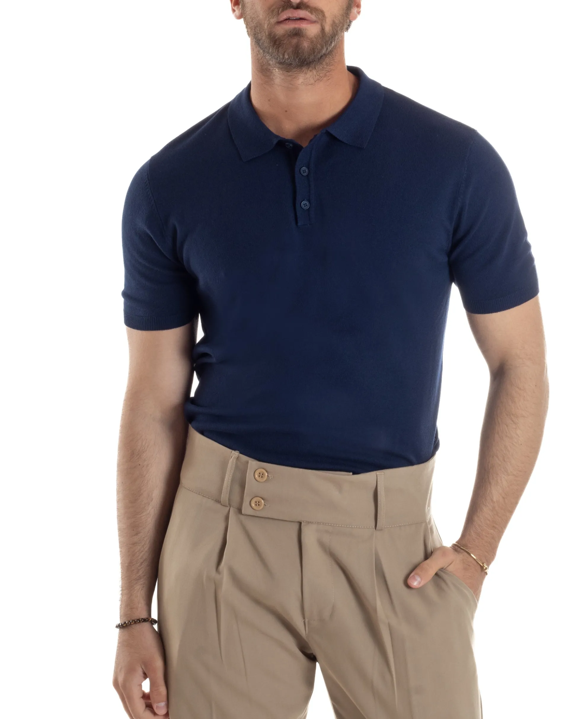 Polo Uomo Filo Maglia Con Colletto T-Shirt Sottogiacca Leggera Blu TS3131A
