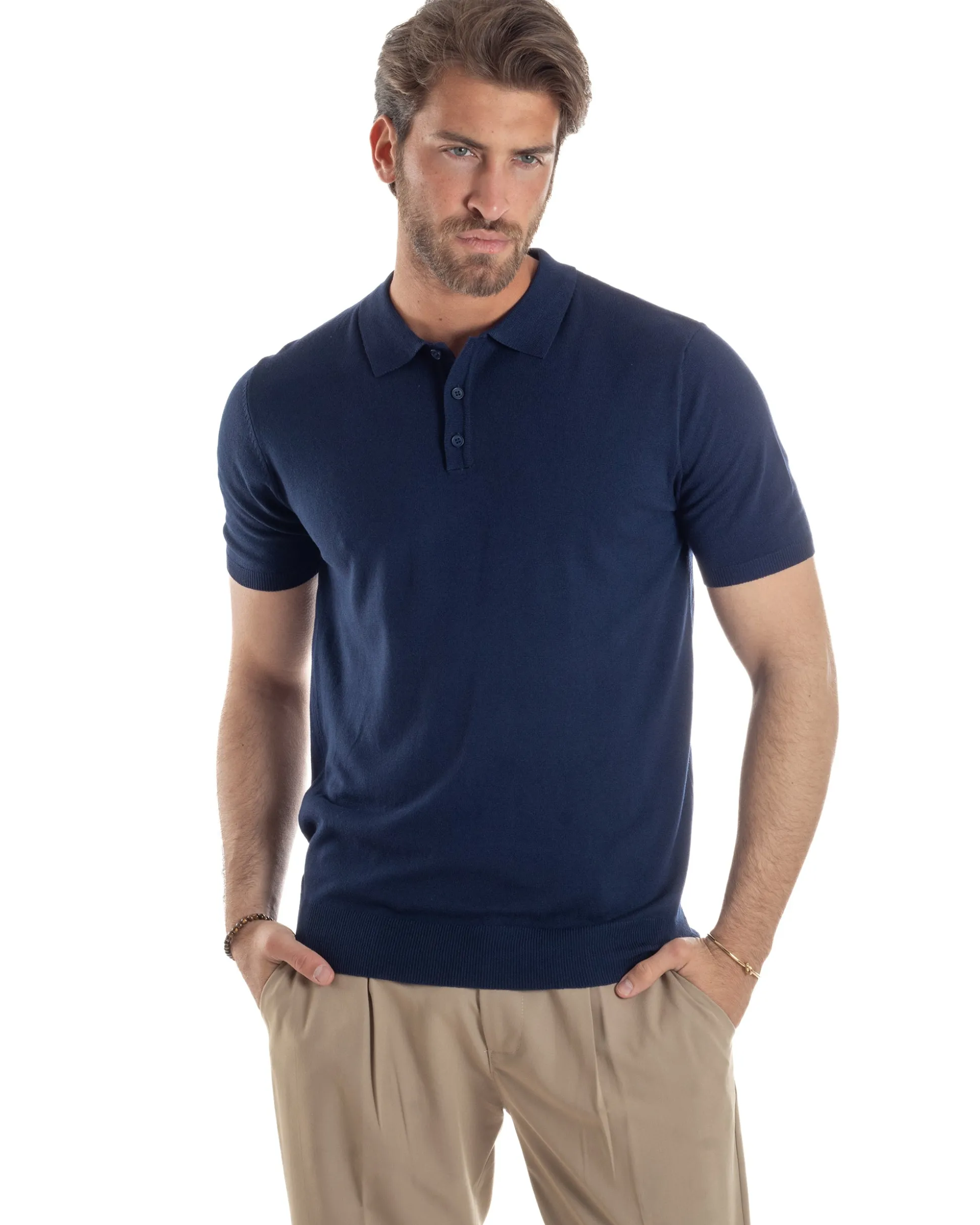 Polo Uomo Filo Maglia Con Colletto T-Shirt Sottogiacca Leggera Blu TS3131A