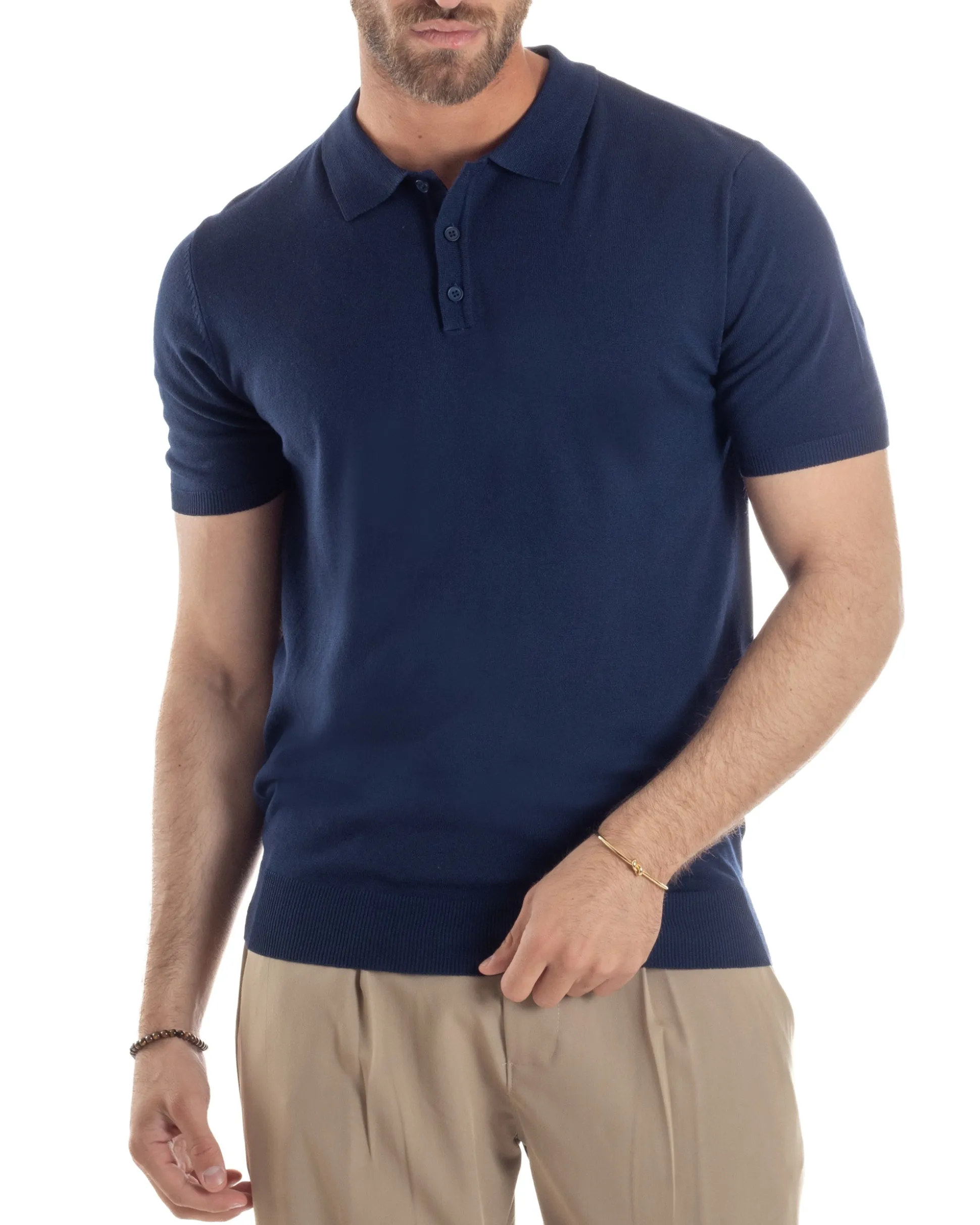 Polo Uomo Filo Maglia Con Colletto T-Shirt Sottogiacca Leggera Blu TS3131A