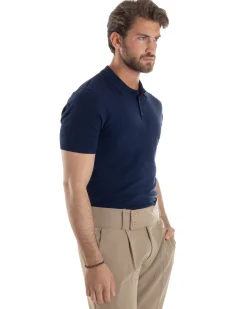Polo Uomo Filo Maglia Con Colletto T-Shirt Sottogiacca Leggera Blu TS3131A