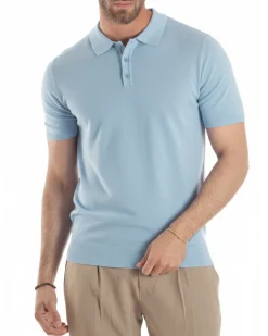 Polo uomo filo maglia con colletto t-shirt sottogiacca leggera celeste GIOSAL-TS3205A