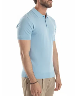 Polo uomo filo maglia con colletto t-shirt sottogiacca leggera celeste GIOSAL-TS3205A