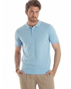 Polo uomo filo maglia con colletto t-shirt sottogiacca leggera celeste GIOSAL-TS3205A