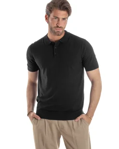 Polo Uomo Filo Maglia Con Colletto T-Shirt Sottogiacca Leggera Nero TS3133A