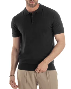 Polo Uomo Filo Maglia Con Colletto T-Shirt Sottogiacca Leggera Nero TS3133A
