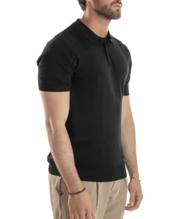 Polo Uomo Filo Maglia Con Colletto T-Shirt Sottogiacca Leggera Nero TS3133A