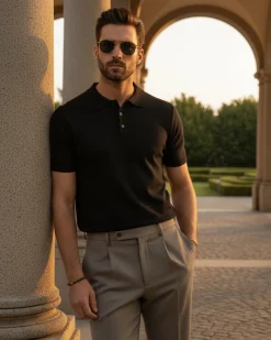 Polo Uomo Filo Maglia Con Colletto T-Shirt Sottogiacca Leggera Nero TS3133A