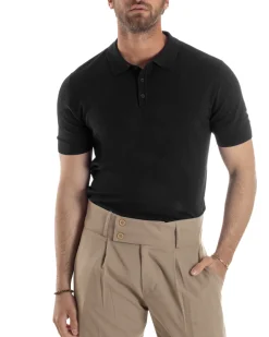 Polo Uomo Filo Maglia Con Colletto T-Shirt Sottogiacca Leggera Nero TS3133A