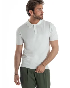Polo Uomo Filo Maglia Con Colletto T-Shirt Sottogiacca Leggera Bianco TS3132A