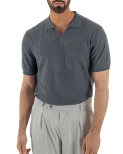 Polo uomo filo maglia costine colletto t-shirt sottogiacca scollo v piombo GIOSAL-TS3219A