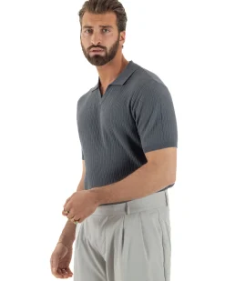Polo uomo filo maglia costine colletto t-shirt sottogiacca scollo v piombo GIOSAL-TS3219A