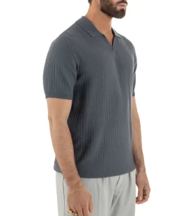 Polo uomo filo maglia costine colletto t-shirt sottogiacca scollo v piombo GIOSAL-TS3219A