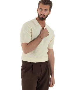 Polo uomo filo maglia costine colletto t-shirt sottogiacca scollo v panna GIOSAL-TS3218A