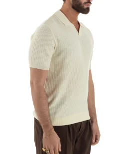 Polo uomo filo maglia costine colletto t-shirt sottogiacca scollo v panna GIOSAL-TS3218A