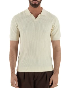 Polo uomo filo maglia costine colletto t-shirt sottogiacca scollo v panna GIOSAL-TS3218A