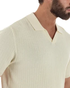 Polo uomo filo maglia costine colletto t-shirt sottogiacca scollo v panna GIOSAL-TS3218A