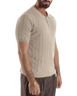 Polo uomo filo maglia costine colletto con bottoni t-shirt sottogiacca beige GIOSAL-TS3271A