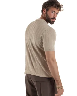 Polo uomo filo maglia costine colletto con bottoni t-shirt sottogiacca beige GIOSAL-TS3271A