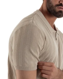 Polo uomo filo maglia costine colletto con bottoni t-shirt sottogiacca beige GIOSAL-TS3271A