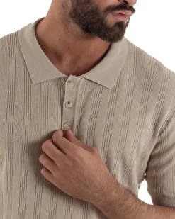Polo uomo filo maglia costine colletto con bottoni t-shirt sottogiacca beige GIOSAL-TS3271A