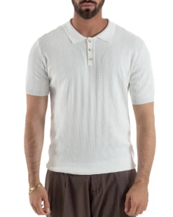 Polo uomo filo maglia costine colletto con bottoni t-shirt sottogiacca bianco GIOSAL-TS3272A