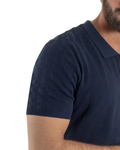 Polo uomo filo maglia costine colletto con bottoni t-shirt sottogiacca blu GIOSAL-TS3273A