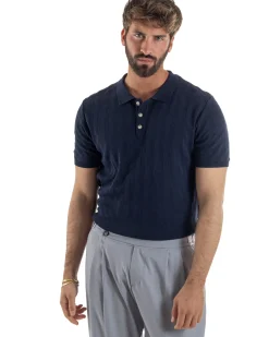 Polo uomo filo maglia costine colletto con bottoni t-shirt sottogiacca blu GIOSAL-TS3273A