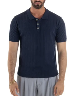 Polo uomo filo maglia costine colletto con bottoni t-shirt sottogiacca blu GIOSAL-TS3273A