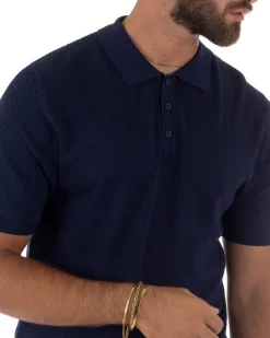 Polo uomo filo maglia nido d'ape colletto t-shirt sottogiacca blu GIOSAL-TS3320A