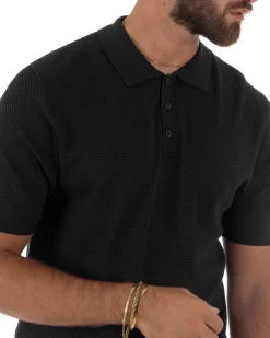 Polo uomo filo maglia nido d'ape colletto t-shirt sottogiacca nero GIOSAL-TS3319A