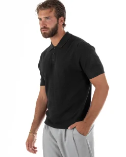 Polo uomo filo maglia nido d'ape colletto t-shirt sottogiacca nero GIOSAL-TS3319A