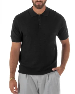 Polo uomo filo maglia nido d'ape colletto t-shirt sottogiacca nero GIOSAL-TS3319A