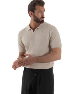 Polo uomo filo maglia traforata colletto t-shirt sottogiacca scollo v beige GIOSAL-TS3214A