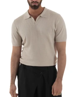 Polo uomo filo maglia traforata colletto t-shirt sottogiacca scollo v beige GIOSAL-TS3214A