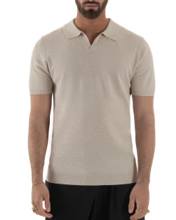 Polo uomo filo maglia traforata colletto t-shirt sottogiacca scollo v beige GIOSAL-TS3214A
