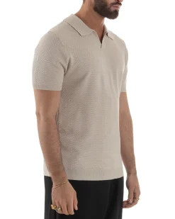 Polo uomo filo maglia traforata colletto t-shirt sottogiacca scollo v beige GIOSAL-TS3214A