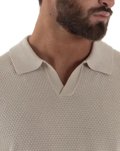 Polo uomo filo maglia traforata colletto t-shirt sottogiacca scollo v beige GIOSAL-TS3214A